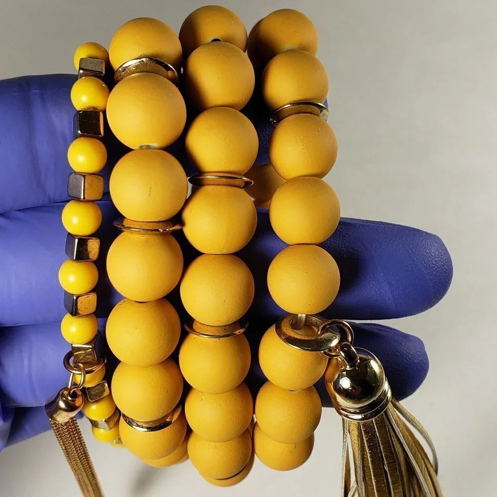 Set of 4 Yellow Beaded Tassel Colorful Bracelet– Stretchy Layered Boho Chic